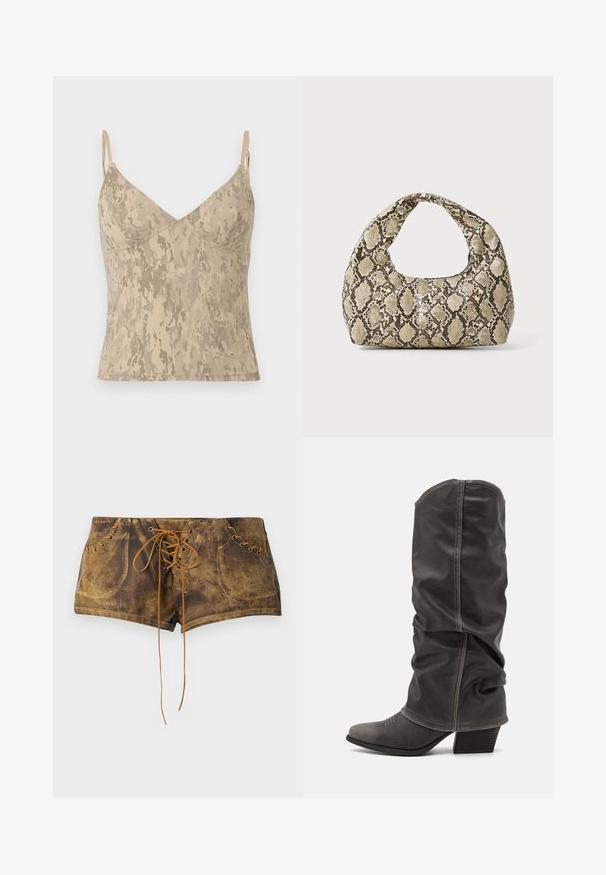 Bež majica bez rukava s tankim podesivim trakama i apstraktnim mrljastim uzorkom.; Smeđe kratke hlače s vezanjem i teksturiranom površinom uz kontrastne svijetlosmeđe vezice. Imaju rupice za vezivanje i prilagođeni dizajn za uski izgled.; Sive kožne čizme do potkoljenice sa opuštenim dizajnom, šiljastim vrhom i složenim potplatom. Primjetna šavova na području vrha.; Torba s uzorkom zmije s zakrivljenom drškom. Izrađena od teksturiranih materijala u bež i smešnim tonovima, sa karakterističnim dijamantnim uzorkom.