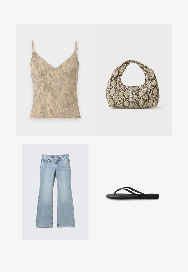 Beige bez piedurknēm topiņš ar plānām regulējamām siksniņām un abstraktu marmora rakstu.; Weekday NOVA - Pieguloša piegriezuma džinsi - lip blue; Melni čības ar teksturētu gumijas zoli, divām plānām siksniņām un smalku, iespiedotu logotipa detaļu uz siksniņas.; Čūsku raksta soma ar izliekto rokturi. Izgatavota no teksturētiem, bēšiem un brūniem materiāliem, ar izteiksmīgu dimanta rakstu.