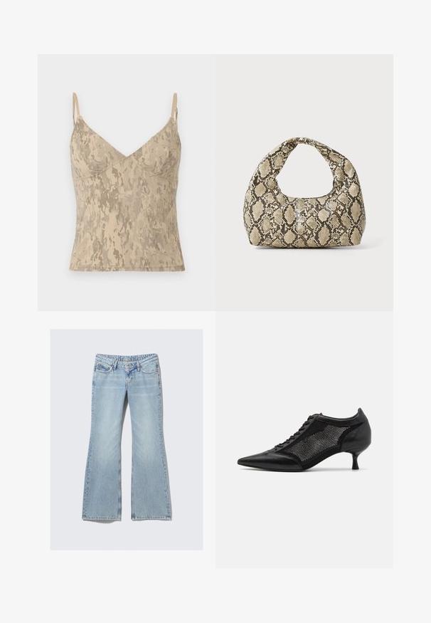 Bežinis be rankovių kamzolis su plonais reguliuojamais petnešomis ir abstrakčiu dėmėtu raštu.; Weekday NOVA - Prigludę džinsai - lip blue; Juodi bateliai su smailiu pirštu ir tinklinėmis detalėmis, turintys žemą kulną ir raištelių uždengimą. Pagaminti iš odos ir tinklinės medžiagos derinio.; Gyvatės rašto rankinė su kreiviu rankenėle. Pagaminta iš tekstūruotų smėlio ir rudos spalvos medžiagų, su išskirtiniu rombo raštu.