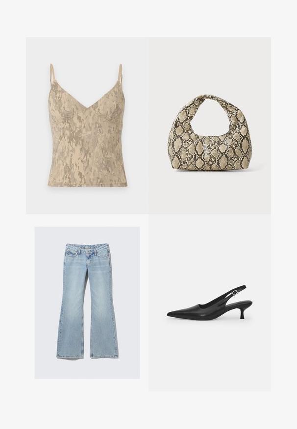 Beige bez piedurknēm topiņš ar plānām regulējamām siksniņām un abstraktu marmora rakstu.; Weekday NOVA - Pieguloša piegriezuma džinsi - lip blue; Melnas ādas slīdošās kurpes ar norādītu pirkstu un šauru, izliekta papēdi. Ar diskrētu regulējamu siksniņu ar metāla sprādzi.; Čūsku raksta soma ar izliekto rokturi. Izgatavota no teksturētiem, bēšiem un brūniem materiāliem, ar izteiksmīgu dimanta rakstu.