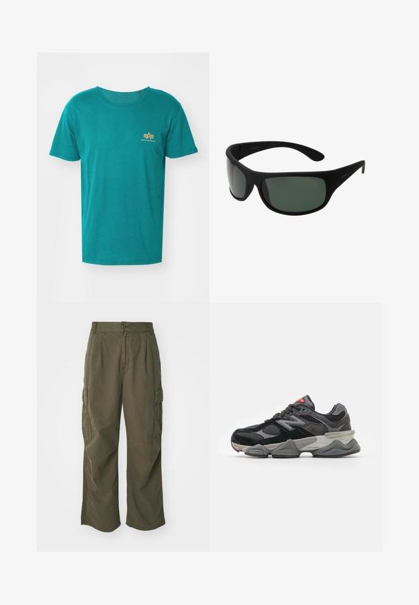 Alpha Industries SMALL LOGO - T-shirt estampada - force green; Calças cargo em verde oliva, feitas de algodão, com um design de perna larga, pregas e bolsos laterais para utilidade.; Sapatilha preta e cinza com uma mistura de materiais em camurça e malha, sola grossa, logótipo proeminente e detalhe vermelho na língua.; Óculos de sol envolventes pretos com lentes verde-escuras. Acabamento matte, design curvo, com hastes retas e uma marcação sutil de lado.; Conjunto de sete anéis de prata com vários designs, incluindo padrões torcidos, entrelaçados e gravados. Diferentes formas e larguras.