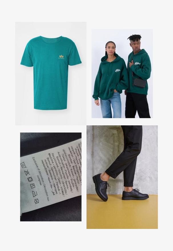 Alpha Industries Jednoduché tričko - force green; Štítek s vícejazyčným textem, symboly péče a ikonami recyklace, vytištěný na měkkém materiálu připomínajícím látku ve světlé barvě.; Černé kožené šněrovací boty s kulatou špičkou, texturovaným povrchem a silnou gumovou podrážkou. Nosené s ohrnutými černými kalhotami na pozadí z betonu.; Zelené mikiny s kapucí a předními kapsami, volný střih. Jeden model nosí černé džíny, druhý nese černou crossbody tašku.