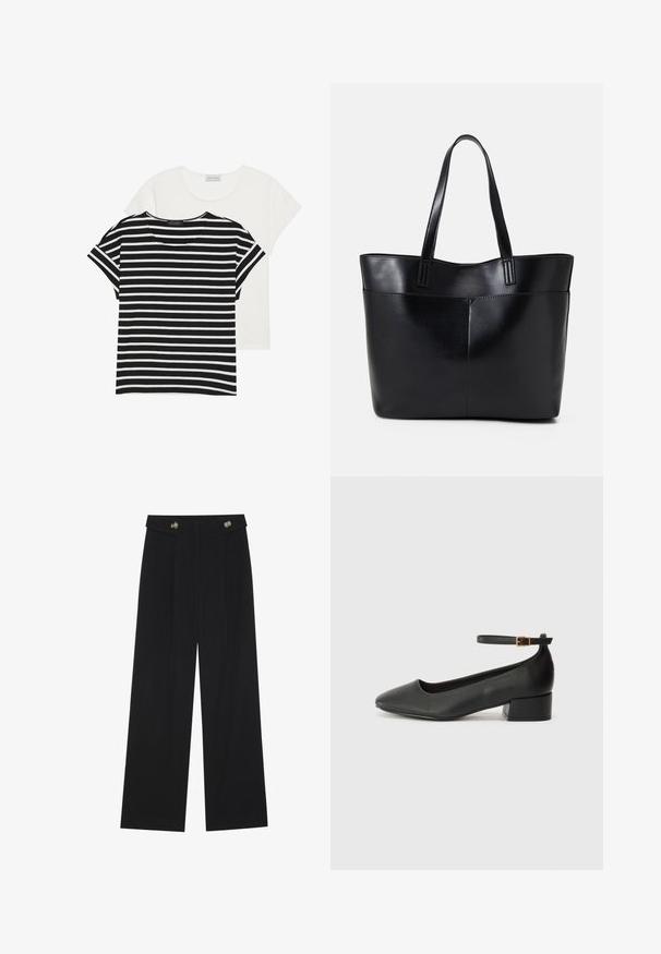 To t-skjorter: en svart-hvitt stripete med korte ermer, og en ensfarget hvit, begge med rund hals og en avslappet passform.; Svart vide bukser med høy midje, knappdetaljer på midjebåndet og frontplisser.; Sorte skinnpumper med spiss tå og lav blokkhelt. Har ankelrem med gullfarget spenne. Glatt tekstur.; Svart lær toteveske med to lange håndtak, en glatt tekstur og en strukturert form. Har en frontlomme for ekstra oppbevaring.