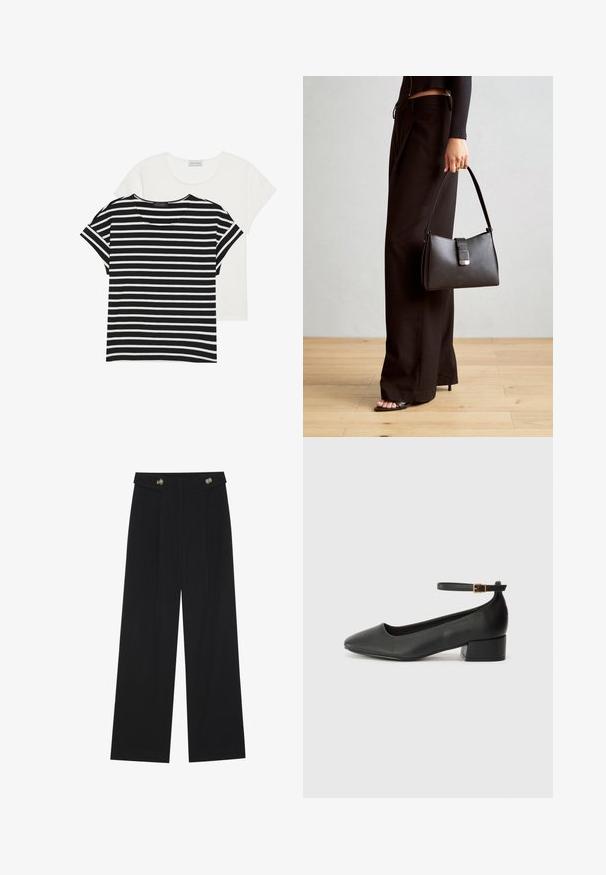 To t-shirt: en sort-hvid stribet med korte ærmer, og en ensfarvet hvid, begge med rund halsudskæring og afslappet pasform.; Sorte vide bukser med høj talje, knapdetaljer på taljebåndet og frontfald.; Sorte læderpumper med spids tå og en lav blokhæl. Har en ankelrem med en guldfarvet spænde. Glat tekstur.; Sort håndtaske med struktureret form, glat overflade og metalspænde. Sammen med brede sorte bukser og sandaler med åben tå på trægulv.