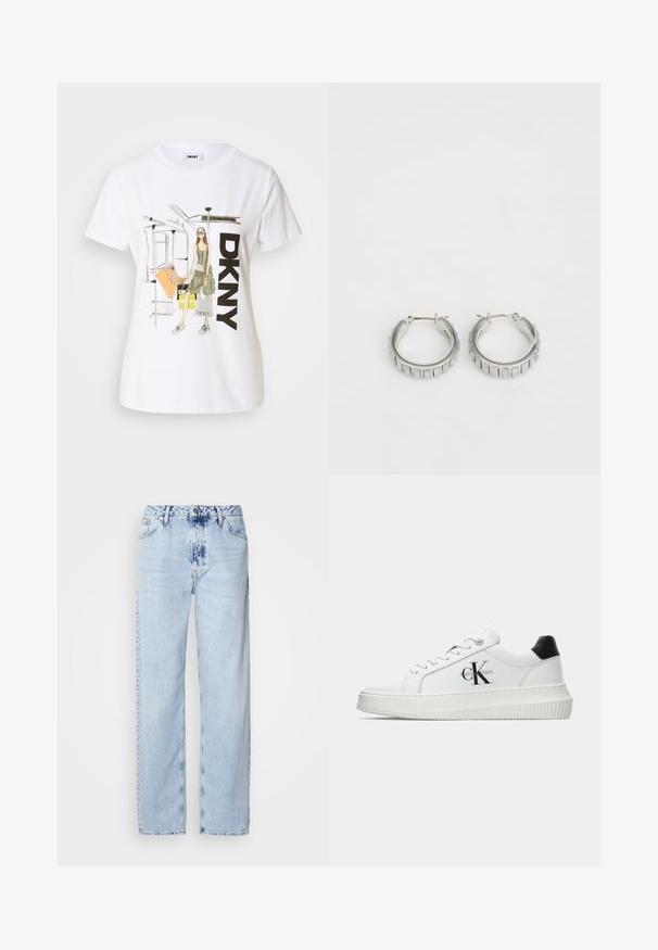 Bela bomba majica iz bombaža z grafično ilustracijo ženske, besedilom "DKNY" in elementi newyorške podzemne železnice. Sproščen kroj, kratki rokavi.; Svetlo modri široki džins hlače iz denima, z visokim pasom, zbledelim pranjem in subtilnim tie-dye vzorcem spredaj.; Bele nizke superge z črnim hrbtnim delom, platformo, vezalkami in Calvin Klein "CK" logotipom na strani.; Srebrni obroči s teksturiranim dizajnom, ki vsebuje navpične rebraste vzorce. Krožna oblika z varnim zapiranjem na zaponko. Gladek zaključek.