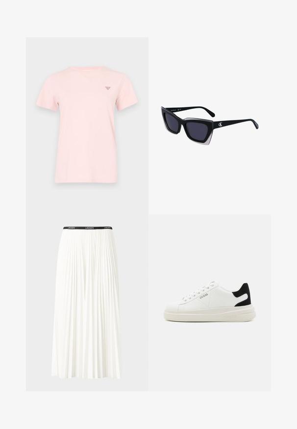 T-shirt de algodão rosa com mangas curtas, decote redondo e um pequeno logótipo triangular no canto superior esquerdo do peito. Design simples e casual.; Saia plissada branca com uma cintura elástica preta que apresenta o logótipo "LACOSTE". Design de comprimento médio com textura suave.; Sapatilhas brancas de couro com uma sola branca espessa, detalhe em camurça preta no calcanhar e logótipo em relevo na lateral. Design com atacadores e seis ilhós.; Óculos de sol oversized pretos com forma geométrica, apresentando lentes escuras e um detalhe cinza em contraste na armação. Logotipo na haste.