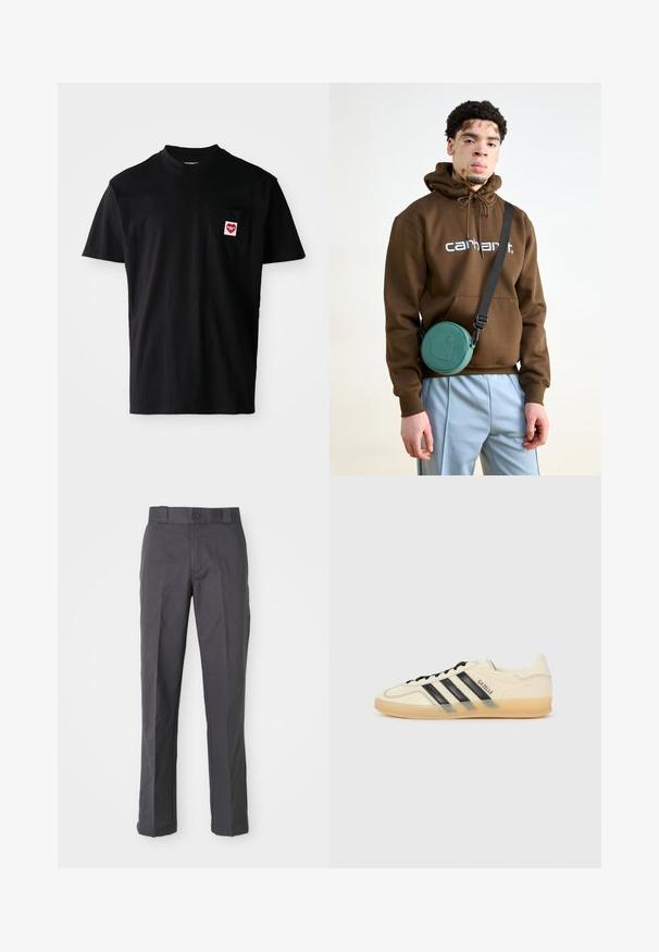 Melnā kokvilnas T-krekls ar apaļu kakla izgriezumu, īsām piedurknēm un kreisajā krūtī kabatu, kurai ir sarkans sirds uzlīme ar baltu tekstu.; Tumši pelēki bikses, kas izgatavotas no kokvilnas auduma maisījuma, ar taisnām kājām, priekšējām kabatām un pogu aizdari jostasvietā.; Gaiši krēms sporta apavi ar melnu trīs svītru dizainu, teksturētu augšējo daļu, noapaļotu purngaliem un gumijas zoli. Iespējas ietver auklas un zīmolu sānos.; Brogas ar kapuci brūnā krāsā ar baltu logo, saskaņotas ar gaiši ziliem biksēm. Apaļa zaļa soma karājas no melnas siksnas pāri ķermenim.