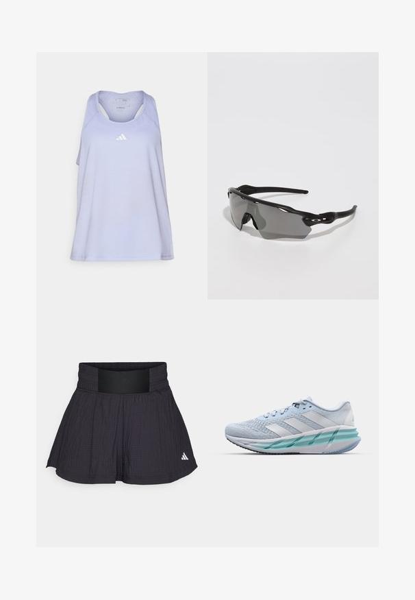 Camiseta atlética de color púrpura claro con diseño de espalda nadadora. Presenta un pequeño logo blanco de Adidas en el pecho. Fabricada con tela suave y transpirable.; adidas Performance TENNIS PRO AEROREADY SEERSUCKER - Pantalón corto de deporte - black; Zapatillas deportivas azul claro con un upper de punto texturizado, acentos blancos y una suela intermedia verde transparente. Punta redondeada y cuello acolchado.; Gafas de sol deportivas negras con un diseño elegante, lentes envolventes, lente tintada en gris y patillas texturizadas en negro. Sin logotipos visibles.