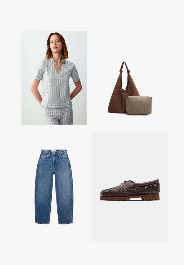 Kurzärmliges Poloshirt in Hellgrau mit einem Rautenmuster in Blau und Beige. Mit beigem Kragen und einem Ausschnitt.; Kariertes Flanellhemd in Marineblau, Creme und Beige. Mit Kragen, Knopfleiste, langen Ärmeln und einer Brusttasche. Weicher Stoff.; Hochgeschnittene blaue Jeans aus Denim mit geradem Schnitt, ausgestattet mit fünf Taschen, Gürtelschlaufen und subtiler Ausbleichung für zusätzliche Textur.; Braune Lederbootsschuhe mit goldenen Ösen, runden Schnürsenkeln und einer strukturierten braunen Gummisohle. Verfügt über genähte Details und ein erhabenes Logo.; Braune Wildleder-Umhängetasche mit einem geknoteten Trageriemen, die ein kleines beige Reißverschlusstäschchen enthält. Die Tasche hat eine weiche Textur und ein einfaches Design.