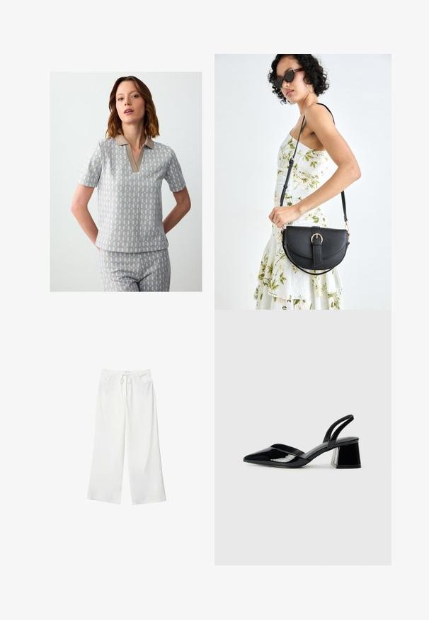 Korte mouw polo shirt in lichtgrijs met een ruitpatroon in blauw en beige. Heeft een beige kraag en een notch halslijn.; Witte wijde broek van zacht materiaal, met een koordsluiting in de taille en twee steekzakken. Soepele textuur en geen zichtbare patronen.; Zwarte gepatineerde leren slingback hakken met een spitse neus en een geometrische blokhak. Kenmerkt zich door een slank, minimalistisch ontwerp en een gladde textuur.; Zwarte leren handtas met een gebogen vorm, afneembare schouderband en gouden hardware. De tas heeft een klep met een gespsluiting.