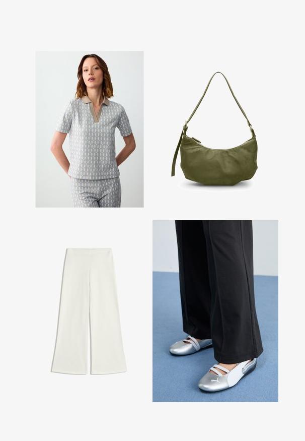 Korte mouw polo shirt in lichtgrijs met een ruitpatroon in blauw en beige. Heeft een beige kraag en een notch halslijn.; Witte wijde broek gemaakt van gladde stof. Ze hebben een hoge taille en geen zichtbare naden, wat zorgt voor een strakke silhouet.; Zilveren en witte platte schoenen met kruislingse banden en textuurdetails, aangevuld met losse zwarte broeken. Geplaatst tegen een blauwe vloer.; Olijfgroene leren schoudertas met een gebogen vorm, ritssluiting en verstelbare schouderband. Vriendelijke textuur met minimale hardware-accenten.