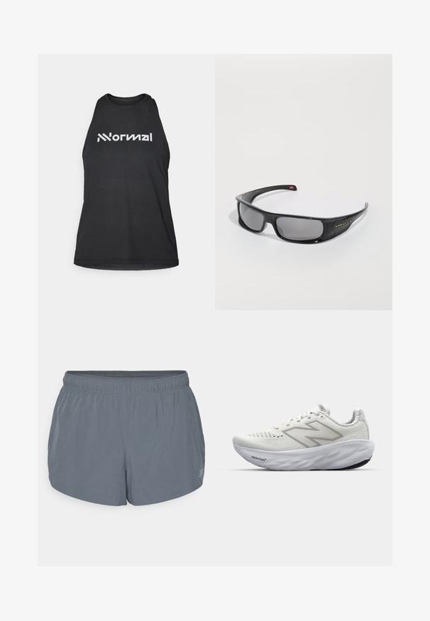 Svart treningstopp med strukturert stoff. Har høy krage og hvit logo med teksten "Normal" på forsiden. Uten ermer.; Grå treningsshorts med myk tekstur, elastisk midjebånd og en lett buet kant. Har små perforeringer for pusteevne.; Hvite sportsko med mesh-overdel, utstyrt med polstret krage, teksturert såle og "Fresh Foam"-merket på mellomsålen.; Svart Oakley-wraparound solbriller med mørke rektangulære linser og buede armer på en hvit bakgrunn.