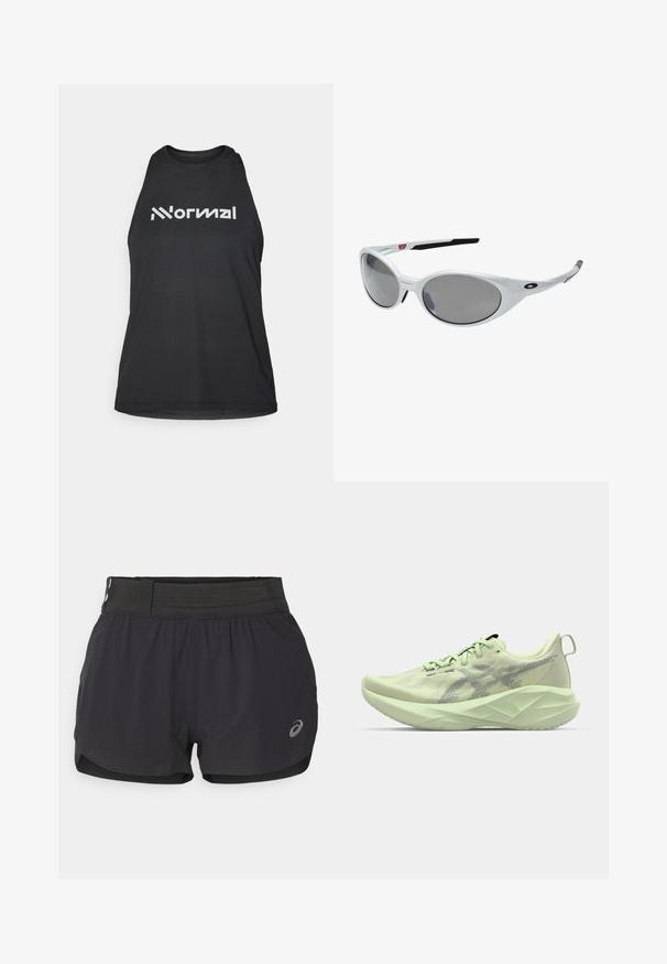 Crni atletski majica bez rukava od teksturirane tkanine. Ima visoki izrez i bijeli logotip s tekstom "Normal" na prednjoj strani. Dizajn bez rukava.; Crne trkaće kratke hlače s mrežastim pojasom, s glatkom teksturom, kratke dužine i malim logotipom na donjoj desnoj strani.; Svijetlozeleni atletski tenisice s mrežastim gornjim dijelom, teksturiranim detaljima i debelim, kutnim potplatom za poboljšano ublažavanje i potporu.; Bijele plastične naočale za sunce s velikim ovalnim lećama, sivo zatamnjene. Imaju crne uške i mali logotip na okviru. Glatka površina.