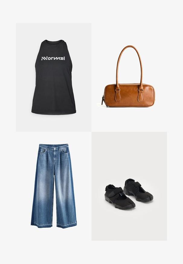 Svart atletisk linne med strukturerad tyg. Har en hög halsringning och vit logotext "Normal" på framsidan. Ärmlös design.; Vida byxorna i lätt till medelblå denim med en blekt tvätt, klassiska fickor och stängning med knapp. Robust bomullsmaterial.; Svarta vattenskor gjorda av flexibelt tyg med ett kardborreband, med en unik delad tådesign och strukturérad gummisula för grepp.; Brun läderhandväska med två långa handtag, rektangulär form, slät yta, dragkedjestängning och detaljer i silverfärgad metall.