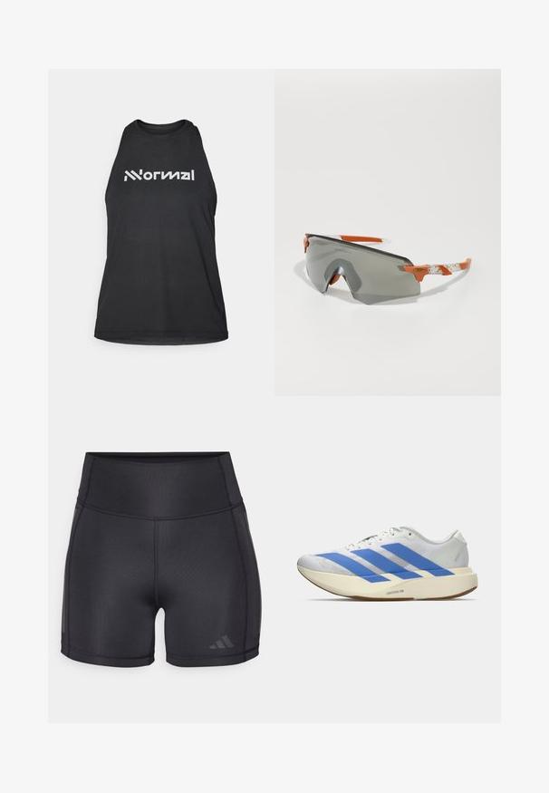 Svart treningstopp med strukturert stoff. Har høy krage og hvit logo med teksten "Normal" på forsiden. Uten ermer.; Svart atletiske shorts med høy midje, glatt tekstur, flate sømmer og subtil logo-detalj på nederste side.; Hvit atletisk sko med blå striper, strukturert overdel, flat såle og "LIGHTSTRIKE PRO" merkevare på siden. Lavprofil design.; Sportssolbriller med grå linse, oransje detaljer og mønstrede hvite stenger. Designet for ytelse med en innhyllende form.