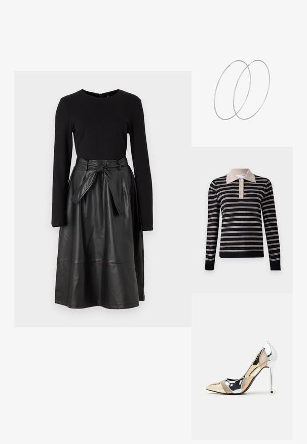 Megztinis su tamsiai mėlynomis ir grietinėlės spalvos horizontaliomis juostelėmis. Yra vientisas grietinėlės spalvos apykaklė ir keturių mygtukų užsegimas. Ilgos rankovės, minkšta tekstūra.; Juodas ilgas rankovės marškinėlis, derinamas su juoda dirbtinės odos sijonu, turinčiu surišamą juosmenį ir lygią, blizgią tekstūrą.; Aštrus pirštas aukštakulnis batelis su sidabro, aukso ir nuogų spalvų deriniu. Blizgus paviršius su išpjovos dizainu, su stiletto kulnu.; Sidabrinė metalinė maišelio forma su švelnia, apvalia forma ir mazgu užveriamu viršumi. Pagaminta iš lygios dirbtinės odos medžiagos.; Sidabrinės pusmėnulio auskarai minimalistiniu dizainu. Apskritimo forma, lygus paviršius ir plonas profilis. Lengvi su poliruotu apdailu.