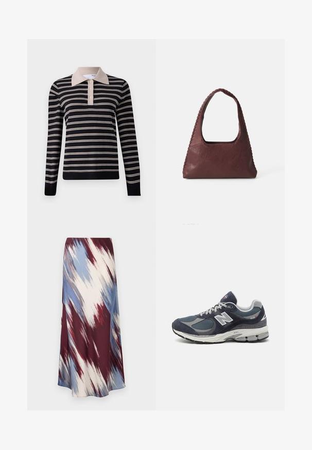 Pulôver de malha com riscas horizontais em azul marinho e creme. Apresenta um colarinho sólido em creme e uma pala com quatro botões. Mangas longas, textura suave.; Saia longa com um padrão de tie-dye diagonal em vermelho-burgundy, azul e creme, feita de um tecido macio, com uma silhueta fluida e um leve brilho.; Sapatilhas New Balance com parte superior em malha e camurça azul-marinho, detalhes cinza, logótipo branco, sola almofadada e pormenores texturizados.; Mala de mão em couro bordeaux com formato triangular, topo aberto e detalhe trançado ao longo da alça. Textura lisa com acabamento mate.