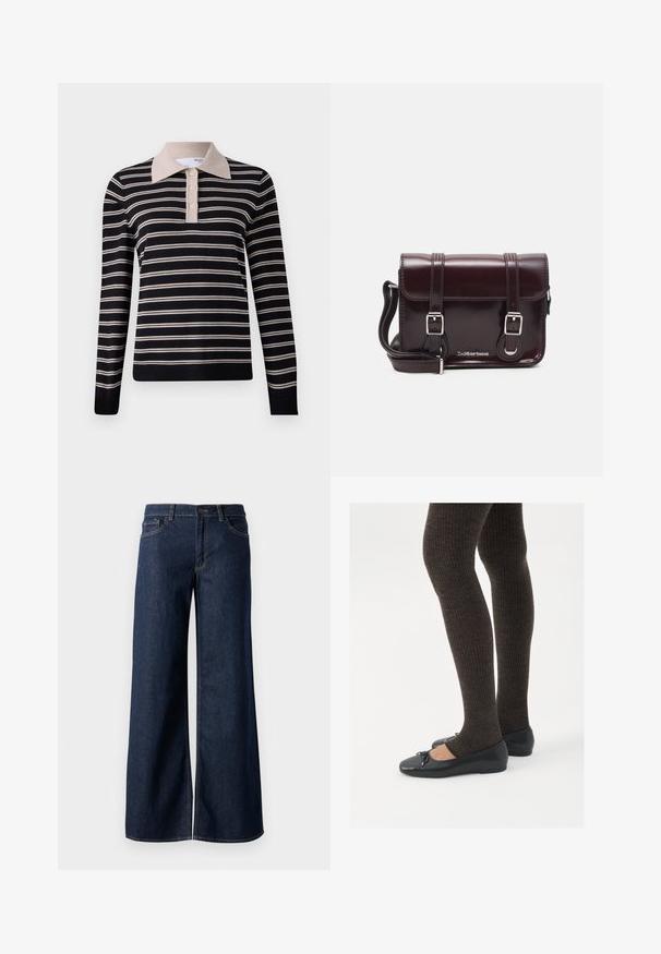 Triko s pleteným vzorem v námořnické modré a krémové barvě s horizontálními pruhy. Obsahuje jednobarevný krémový límec a čtyři knoflíky. Dlouhé rukávy, měkká textura.; Džínsy s širokými nohavicemi v tmavě modré barvě. Mají kontrastní švy, pět kapes a zapínání na knoflík v pase. Hladká textura.; Černé ploché boty s malou mašlí na špičce, kombinované s tmavě hnědými žebrovanými punčochami. Boty mají hladký povrch a nízký profil.; Burgundská lakovaná křížová taška obdélníkového tvaru, se dvěma popruhy, stříbrnými kovovými doplňky a klopovým uzávěrem.