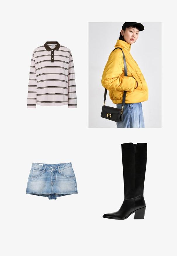 Pánská polokošile s dlouhým rukávem v světle růžové barvě s hnědými vodorovnými pruhy, která má tmavě hnědý límec a tři knoflíky. Měkký bavlněný materiál.; Džínové šortky světle modré barvy s vybledlým vzhledem. Obsahuje pět kapes a zapínání na předním knoflíku. Klasický střih se rovním lemem.; Černé kozačky po kolena vyrobené z hladké kůže, s špičatou špičkou, blokovým podpatkem a výřezem ve tvaru V na vrchu.; Žlutá vyteplená bunda s vysokým límcem a přední kapsou, doplněná černou kabelkou přes rameno se zlatými detaily. K tomu casual džíny.