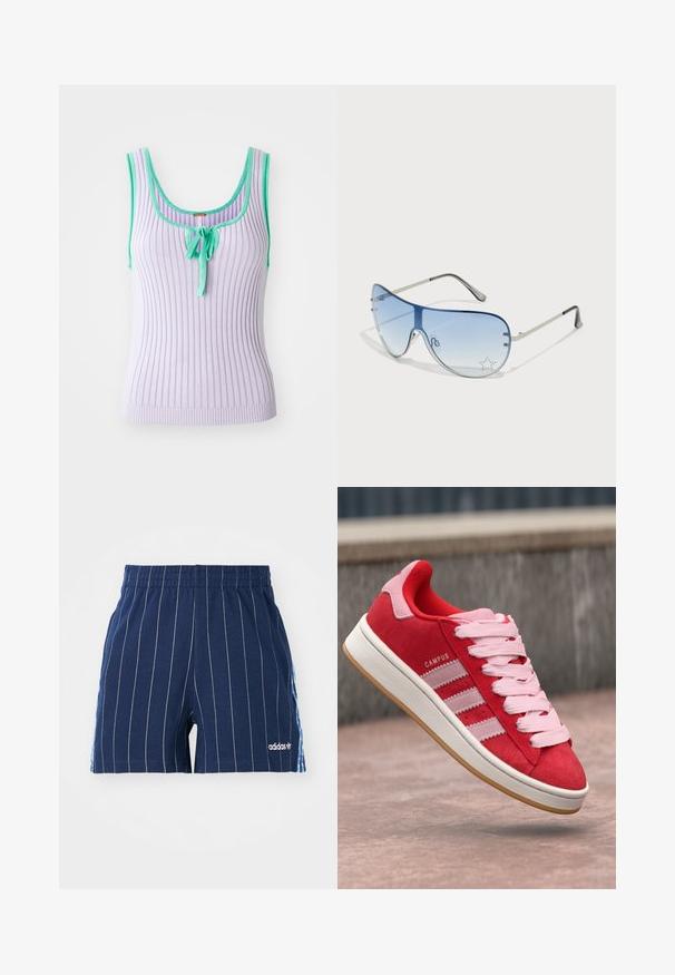Ljubičasti rebrasti top bez rukava s zelenim obrubom i središnjim detaljem vezivanja. Ukrašena silueta s mekim teksturom.; Mornarsko plave hlače s bijelim prugama, elastični pojas i Adidas logo. Sadrži plave naglaske sa strane, izrađene od mješavine pamuka.; Crvene nubuk tenisice s ružičastim naglascima, s tri bijele pruge i svijetloružičastim vezicama. Bijela srednja platforma i gumeni potplat u boji gume.; Naočale tipa avijatičar s gradijentnim plavim staklima, okvirom od srebrnog metala i dekorativnim zvjezdastim naglascima na staklima. Glatki i elegantni dizajn.
