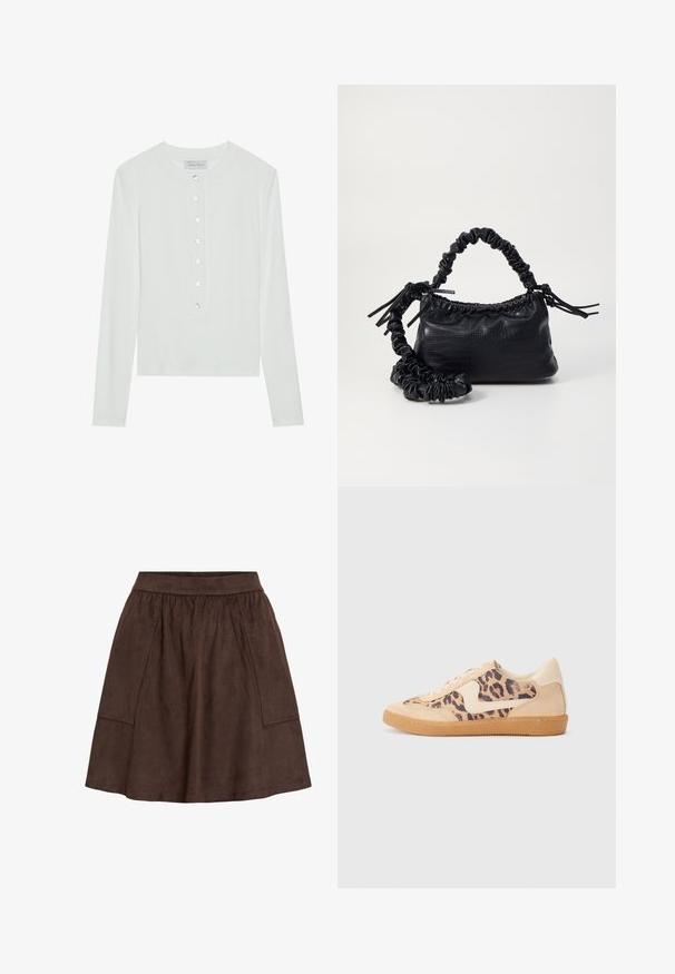 Blusa branca de mangas compridas feita de tecido canelado, com decote redondo e parte da frente com botões, apresentando seis botões transparentes.; Saia de camurça castanha com cintura elástica, apresentando bolsos laterais e um design evasê. Textura suave e comprimento até ao joelho.; Sapatilhas com padrão de leopardo, parte superior em camurça bege, sola de borracha castanha e detalhes brancos. Bico redondo e design com atacadores, com um acabamento texturizado.; Bolsa de mão em couro sintético preto com textura de crocodilo, topo franzido e alça enrugada. Apresenta um design suave e compacto.