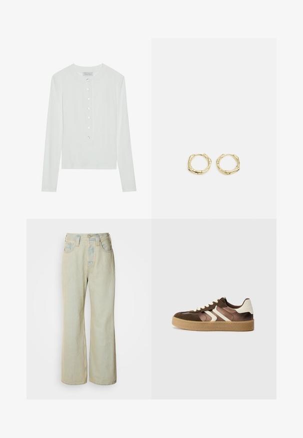 Witte lange mouwen top van ribstof, met een ronde halslijn en een knopenfront met zes doorzichtige knopen.; Lichtblauwe wijde jeans van denim, met een hoge taille, vijf zakken en subtiele vervaging met contrasterende stiksels.; Bruine en crèmekleurige sneakers van een combinatie van suede en satijn, met drie diagonale strepen en een gestructureerde gumrubberen zool.; Gouden creolen met een textuur en onregelmatige vorm. Voorzien van een naadloze sluiting en een gepolijste afwerking, wat het moderne ontwerp benadrukt.
