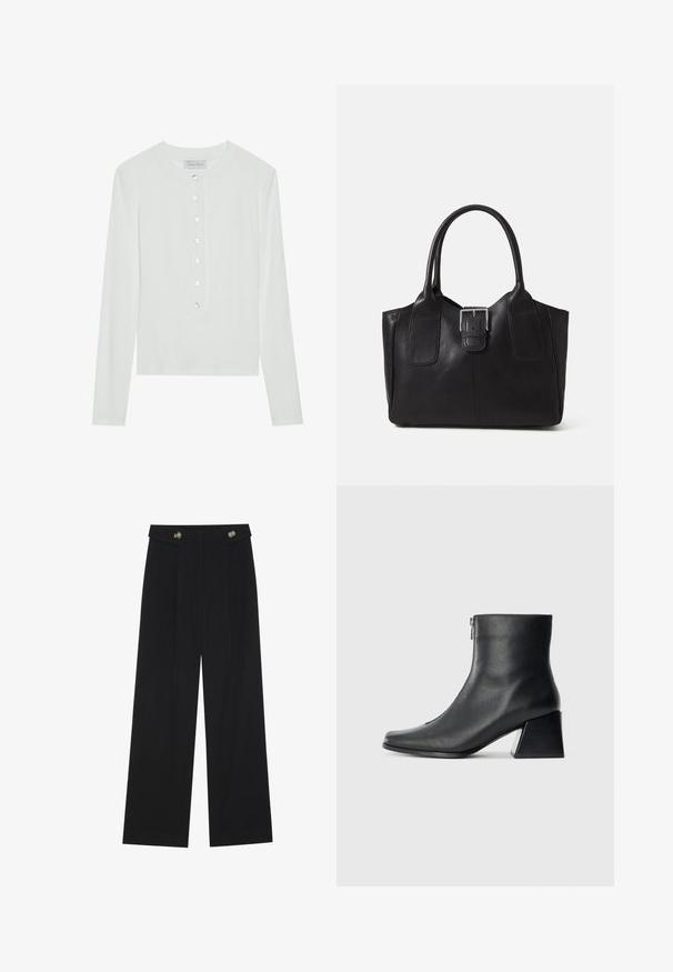 White long-sleeve top made of ribbed fabric, featuring a round neckline and a buttoned front with six clear buttons.; Black wide-leg trousers with high waist, button details on waistband, and front pleats.; Black leather ankle boot with square toe, side zipper, and block heel against plain light background.; Black leather tote bag with smooth texture, structured shape, two handles, and a prominent silver buckle detail on the front.