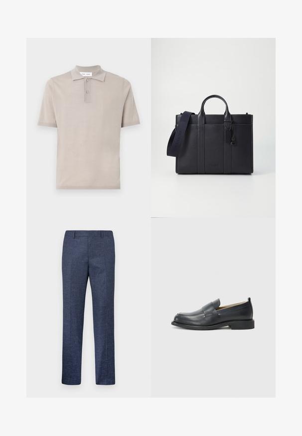Πολυεστερικό πουκάμισο κοντό μανίκι σε ανοιχτό μπεζ βαμβάκι, με κλασικό γιακά, πατιλέτα με δύο κουμπιά και απαλό, υφαντό φινίρισμα.; Ναυτικό μπλε παντελόνι φτιαγμένο από υφασμάτινη υφή, με ίσιες γραμμές, επίπεδο μπροστινό μέρος και δύο πλαϊνές τσέπες. Χωρίς ορατά σχέδια ή αξεσουάρ.; Μαύρες δερμάτινες loafers με λείο φινίρισμα, επίπεδη σόλα και στρογγυλή μύτη, διαθέτοντας διακοσμητική ζώνη πάνω στην επάνω πλευρά.; Σκούρο ναυτικό δερμάτινο χαρτοφύλακα με διπλές λαβές στην κορυφή και αποσπώμενο λουρί. Διαθέτει υφή με ανάγλυφη επιφάνεια, κάθετη ραφή και λεπτομέρεια με λογότυπο.