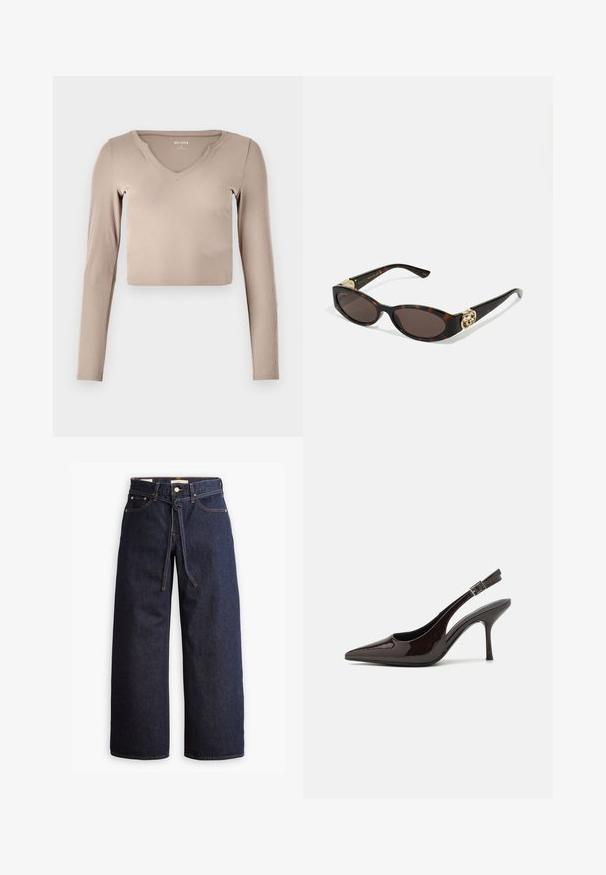 Hosszú ujjú, rövid fazonú felső világos bézs bordás anyagból, V-nyakkal és minimális varrási részletekkel a galléron.; Széles lábú, sötétkék farmernadrág magas derékkal, húzózsinórral, öt zsebbel és kontrasztos varrással.; Fényes sötétbarna lakkbőr magas sarkú slingback cipő, hegyes orral, nyitott oldalakkal és állítható bokapánttal.; Tortából készült napszemüveg, hosszúkás ovális lencsékkel, barna színű árnyalattal, arany logóval a fülkagylón, és karcsú fekete szárakkal.