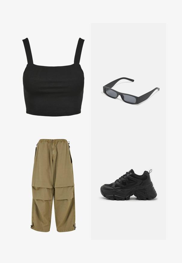 Black crop top with thin straps, made from a smooth, stretchy fabric. Features a square neckline and a fitted design.; Tan cargo pants with an elastic waist, large front pockets, and adjustable cuffs. Made of lightweight fabric with a smooth texture.; Black athletic shoes with a textured mesh upper, curved rubber sole, and prominent tread pattern. Features integrated lacing and pull tab.; Black rectangular sunglasses with dark lenses and thick matte frames. The arms are slightly tapered with a smooth texture.