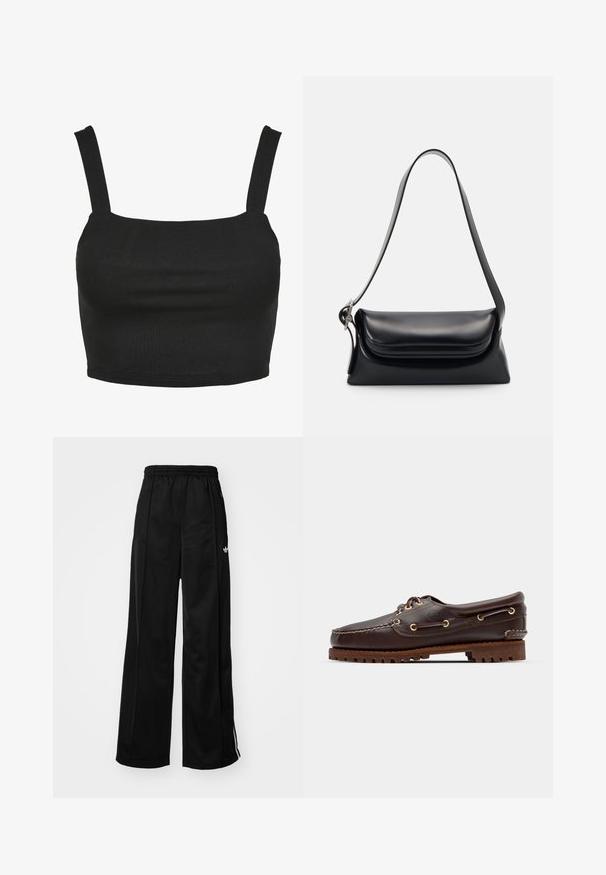 Zwarte crop top met dunne bandjes, gemaakt van een soepele, elastische stof. Heeft een vierkante halslijn en een aansluitend ontwerp.; Zwarte wijde trainingsbroek met een elastische tailleband, voorzien van witte zijkanten en een klein logo op de linker heup. Stevige stoftextuur.; Bruine leren bootsschoen met gouden oogjes, ronde veters en een gestructureerde bruine rubberen zool. Kenmerkt zich door gestikte details en een verhoogd logo.; Zwarte leren handtas met een gestructureerde vorm, een gladde textuur en een enkele schouderband. Heeft een subtiele, afgeronde klepontwerp.; Zilverkleurige Casio kwarts horloge met rechthoekige wijzerplaat, analoge en digitale displays, roestvrijstalen band en waterbestendige eigenschappen.