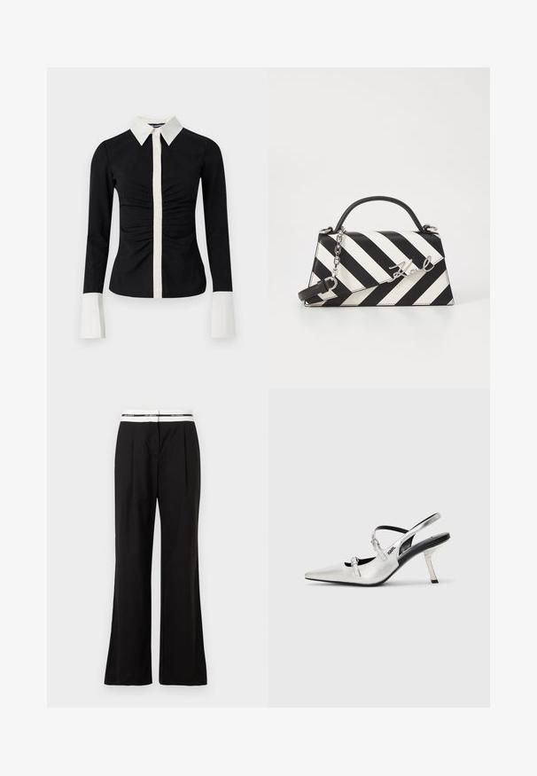 Svart langermet skjorte med hvit krage og pløse. Har rynket front og kontrasterende hvite mansjetter, laget av glatt stoff.; Sorte bukser med avslappet passform, med hvit elastisk midjebånd med merkevare. Laget av glatts materiale med en lett glans.; Sølv slingback hæler med spiss tå, med en jevn metallisk finish, en slank hæl og dekorative stroppdetaljer.; Svart- og hvitstripet håndveske med en strukturert form, som har et topphåndtak, en avtakbar kjedestropp, og metallisk logo-akcent.