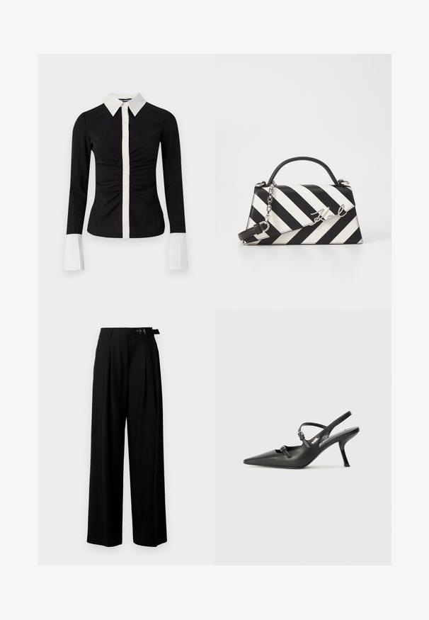 Musta pitkähihainen paita, jossa on valkoinen kaulus ja nappilista. Ominaisuuksiin kuuluu rypytetty etuosa ja kontrastiväriset valkoiset hihansuut, valmistettu sileästä kankaasta.; Mustat leveät housut korkealla vyötäröllä, etuosassa laskokset ja soljellinen vyö. Valmistettu sileästä ja kevyestä kankaasta.; Mustat nahkaiset slingback-korkokengät, joissa on terävä kärki, hoikka korko ja koristeellinen solkityyny varpailla. Tasainen pinta ja tyylikäs muotoilu.; Mustikkamustavalkoinen raita käsilaukku, jossa on jämäkkä muoto, ylhäällä oleva kahva, irrotettava ketjuhihna ja metallinen logoelementti.