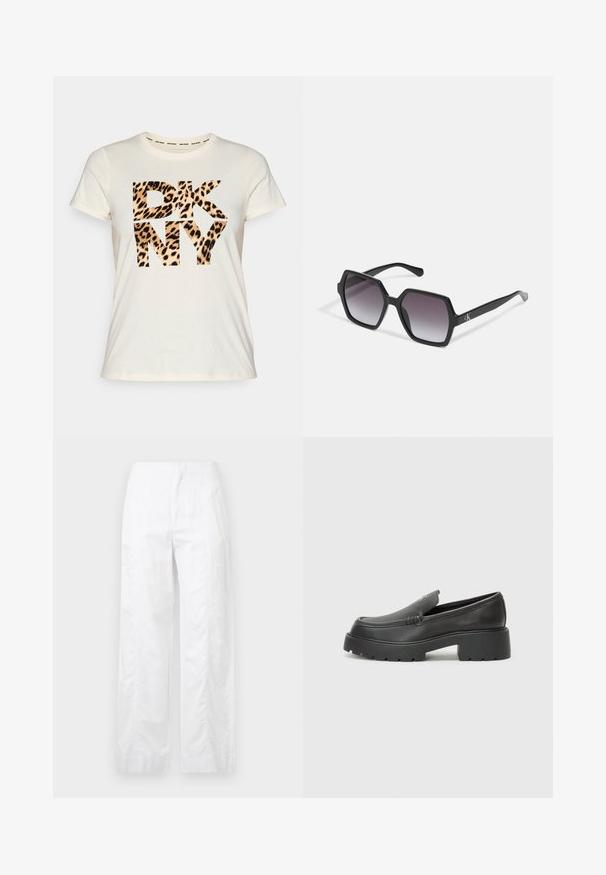 Κρέμα κοντομάνικη μπλούζα με έντονο, στιλιζαρισμένο μαύρο και λεοπάρ σχέδιο "DKNY" στο μπροστινό μέρος. Μαλακό ύφασμα; χαλαρός σχεδιασμός.; Λευκά παντελόνια με φαρδιά γραμμή, κατασκευασμένα από ελαφρύ ύφασμα, με απλή υφή, καθαρές γραμμές και ψηλή ζώνη.; Μαύρα δερμάτινα loafers με στρογγυλή μύτη, χοντρή υφή σόλας και ελάχιστες ραφές. Κομψός σχεδιασμός χωρίς ορατά κορδόνια ή μεταλλικά στοιχεία.; Μαύρα εξάγωνα γυαλιά ηλίου με γκρι διαβαθμισμένα φακούς, που διαθέτουν γυαλιστερή επιφάνεια και διακριτική σήμανση στον βραχίονα. Κατασκευή από ανθεκτικό πλαστικό.