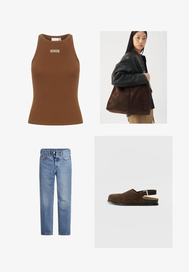 Gestuz DREW LOGO TANK - Top - sorrel horse; Světle modré džíny s rovný střih, designem s pěti kapsami a knoflíkovým zapínáním. Mají jemné vyblednutí a oranžové prošití.; Hnědá semišová slip-on obuv s nízkým podpatkem, nastavitelným páskem se stříbrnou sponou a černou gumovou podrážkou.; Hnědá semišová taška přes rameno s širokým tvarem a měkkou texturou, s jedním popruhem a minimálním kovovým doplňkem na neutrálním pozadí.