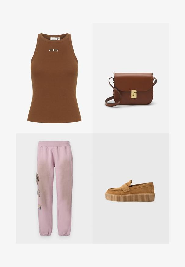 Gestuz DREW LOGO TANK - Top - sorrel horse; Pantalones de chándal rosas con cintura elástica, que presentan parches decorativos en forma de diamante en el lado izquierdo y puños elásticos en los tobillos.; Mocasín de ante marrón con punta redonda, presentado con una suela de plataforma estriada y una cinta decorativa en la parte superior.; Bolso de mano de cuero marrón con cierre de solapa, herrajes en tono dorado, correa para el hombro y una textura suave. Forma rectangular compacta.