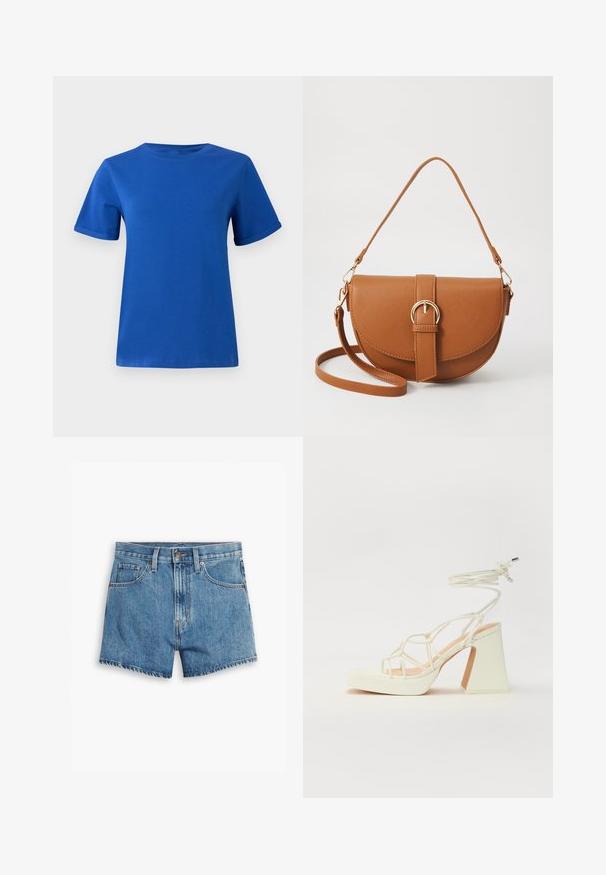 Blue cotton t-shirt with a round neckline, short sleeves, and rolled cuffs. Smooth texture, straight hem, and no visible patterns or embellishments.; Denim shorts in light blue, featuring five pockets, a zip fly, and a button closure. The hem is frayed with a relaxed fit design.; White high-heeled sandal with a chunky heel, featuring a strappy design and ankle tie. Smooth texture with a platform front for added height.; Brown leather crossbody bag with a curved shape, gold hardware, and a buckle accent. Features a detachable shoulder strap.