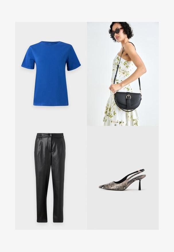 Blå bomulls t-skjorte med rund hals, korte ermer og rullede ermer. Glatt tekstur, rett hem og ingen synlige mønstre eller utsmykninger.; Sorte skinnbukser med en glatt tekstur, rett passform, elastisk liv, og frontknappelukking; plisserte detaljer og smale ben.; Pekefotede slingback-sko laget av teksturert slange-print materiale, med en slank svart hæl og et utskjæringsdesign på sidene.; Svart lærveske med en buet form, avtagbar stropp og gullbeslag. Vesken har et klaff med spenne-detall.