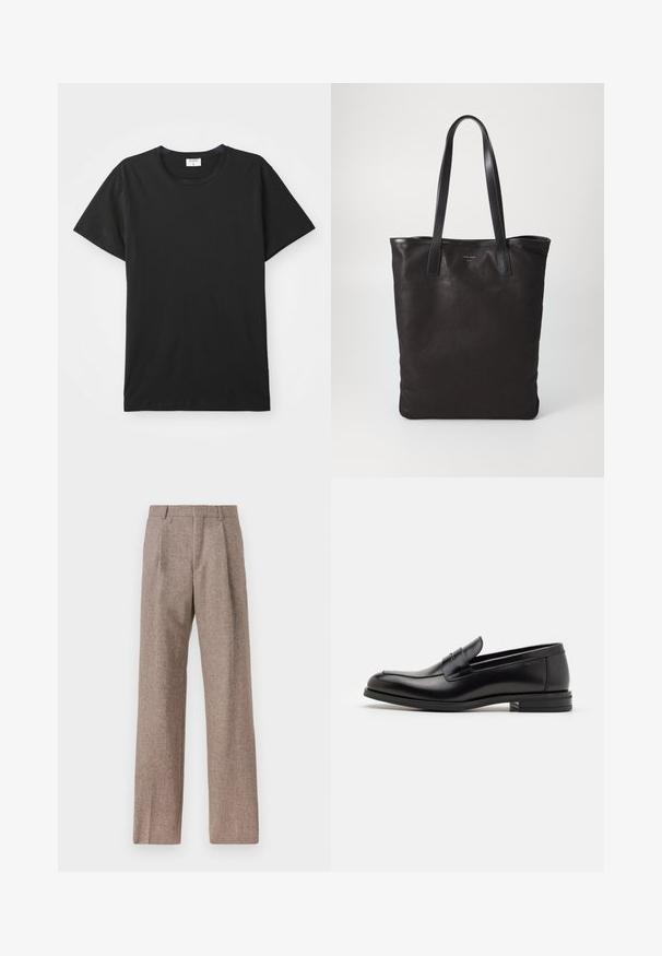 Black short-sleeve T-shirt with a round neckline, made of smooth cotton fabric. Simple design with no patterns or accents.; Brown, high-waisted trousers made of textured fabric. Features wide legs and two front pleats for structure. Neat finish with no visible hardware.; Black leather loafers with a smooth texture, rounded toe, and a decorative strap across the vamp. Low stacked heel, minimalist design.; Black canvas tote bag with black leather handles. Simple design, spacious body, and a smooth texture. No visible logos or patterns.