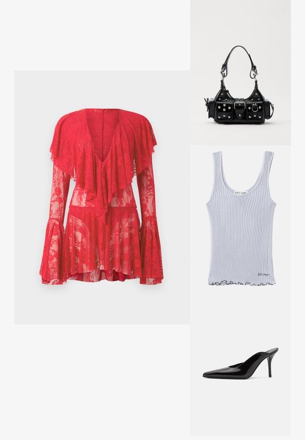 Top de tirantes acanalado en gris claro con un escote redondeado, tirantes delgados y un dobladillo festoneado. Presenta una marca en el dobladillo.; Vestido rojo de encaje con mangas largas acampanadas, escote en V profundo, volantes en capas y patrones florales. La textura transparente realza su diseño.; Mule de charol negro con tacón alto, punta afilada y una silueta elegante, con un escote abierto en la parte posterior y un tacón de aguja delgado.; Bolso de mano de cuero negro con un diseño curvado, que cuenta con tachuelas plateadas, una hebilla y dos bolsillos laterales. Correa ajustable para opciones de transporte.