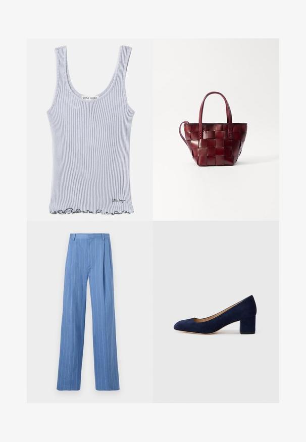 Rybkowany top na ramiączkach w jasnoszarym kolorze, z okrągłym dekoltem, cienkimi ramiączkami i falbaniastym wykończeniem u dołu. Zawiera logo na dolnej krawędzi.; Jasnoniebieskie spodnie o szerokich nogawkach z pionowymi białymi paskami. Wykonane z gładkiego materiału, z przodem z zakładkami i prostą talią.; Granatowe zamszowe szpilki z ostrym noskiem i średniej wysokości blokowym obcasem. Gładka tekstura z subtelnym połyskiem i małym wycięciem z przodu.; Torebka tote z wPLECIONEJ bordowej skóry, z dwoma krótkimi uchwytami i odpinanym paskiem na ramię. Charakteryzuje się usztywnionym kształtem i gładką fakturą.