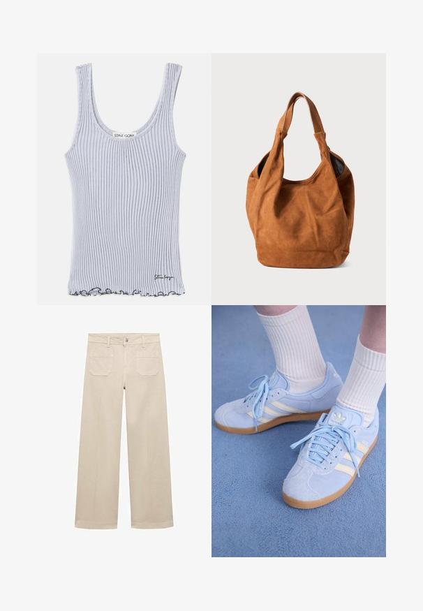 Geribbelde tanktop in lichtgrijs met een ronde halslijn, dunne schouderbanden en een geschulpte zoom. Bevat merklogo aan de zoom.; Beige wijde broek van katoen. Voorzien van een rits, een knoop aan de voorkant en twee opgestikte zakken op de achterkant. Schoon afgewerkt zonder versieringen.; Lichtblauwe suède sneakers met witte strepen, platte veters en een gumrubberen zool. Geribbelde witte sokken worden boven de enkel gedragen.; Bruine suède schoudertas met een zachte textuur, gebogen vorm en twee handvatten. Heeft een minimalistisch ontwerp zonder zichtbare hardware of accenten.