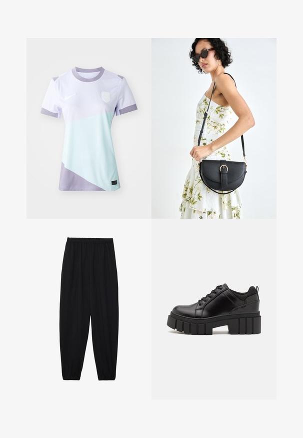 Camisa da Nike de mangas curtas, com um design em blocos de cor roxo claro e verde menta, gola redonda e logotipo bordado.; Calças pretas, leves, com um cinto elástico e punhos franzidos. O tecido é suave e apresenta um design relaxado e afunilado.; Sapatos de plataforma em couro preto com um salto bloco robusto, bico redondo e design clássico de atacadores. Apresentam uma textura suave e detalhes mínimos.; Bolsa de couro preta com forma curva, alça destacável e detalhes em dourado. A bolsa possui uma aba com detalhe de fivela.