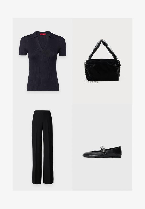 Mørkeblå kortærmet ribbet top med V-udskæring og krave. Har en tætsiddende form og glat tekstur. Rød mærkeetiket synlig ved halsen.; Sorte vide benbukser med en glat tekstur, der har en høj talje og centerfolder. Ingen synlige mønstre eller hardware detaljer.; Sorte læder balletflade med spids tå, udstyret med en rem med en cirkulær metallisk spænde og en flad sål.; Sort faux læder håndtaske med en tekstureret overflade, der har en perlesmykke i sølv langs det øverste håndtag og en kædestrop.