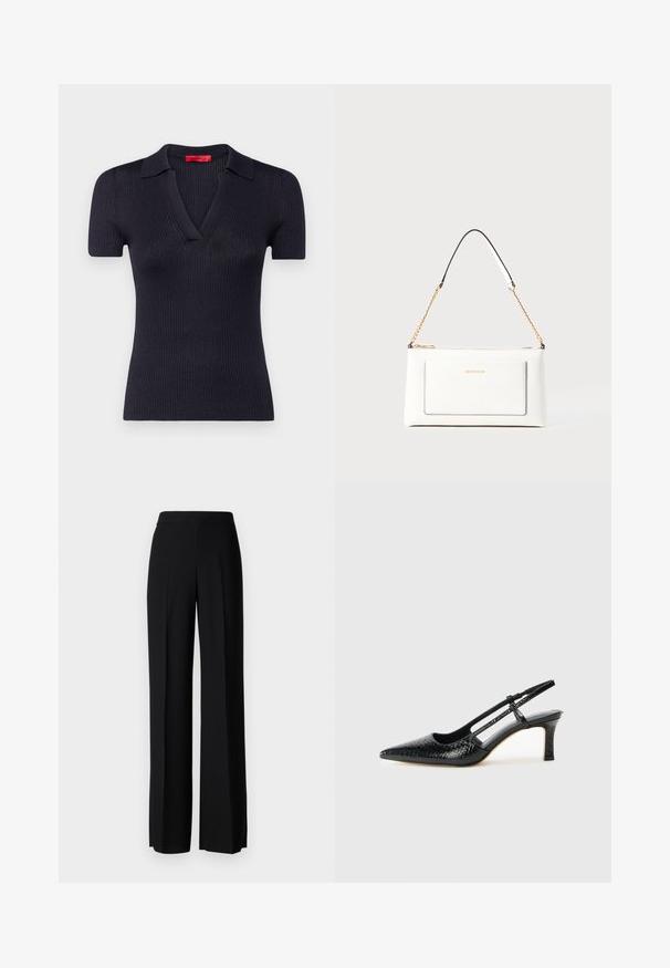 Donkerblauwe korte mouwen ribbeltop met een V-hals en een kraag. Heeft een getailleerde pasvorm en een soepele textuur. Rode merklabel zichtbaar bij de hals.; Zwarte wijde broek met een gladde textuur, voorzien van een hoge tailleband en middelste plooien. Geen zichtbare patronen of hardware-details.; Zwart patent slingback hak met een spitse neus, voorzien van een gestructureerde slangenprint, verstelbare band en een korte, gestructureerde blokhak.; Witte leren handtas met een textuurafwerking, voorzien van een gouden schouderhengsel en zwarte accenten. Inclusief een voorvak en ritssluiting.