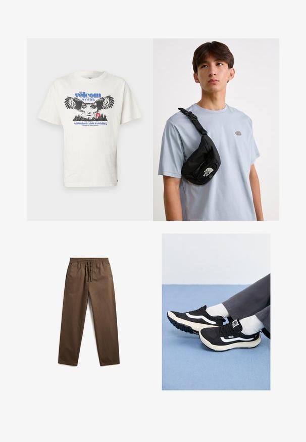 Weißes Baumwoll-T-Shirt mit einem Frontgraphic eines Uhus, dem Text "The Volcom Stone" in Blau und "Embrace the Strange" ebenfalls in Blau darunter.; Braune, lässige Hose mit Kordelzugbund, glatter Textur und seitlichen Taschen. Einfaches Design mit geraden Beinen.; Schwarze Sneaker mit weißen Akzenten, aus Mesh- und Gummimaterialien, mit einer strukturierten Sohle und Fersenschlaufe. Getragen mit weißen Socken und grauen Hosen.; Schwarze Nylon-Crossbody-Tasche mit verstellbarem Riemen, die ein auffälliges weißes Logo trägt. Wird über einem hellblauen T-Shirt getragen. Schlichtes, funktionales Design.