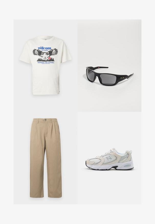 T-shirt en coton blanc avec un graphisme sur le devant représentant un hibou, du texte "The Volcom Stone" en bleu, et "Embrace the Strange" en bleu en dessous.; Pantalons beiges taille haute avec plis, passants de ceinture, fermeture à bouton et jambes droites sur un fond blanc.; Chaussure de sport avec un dessus en mesh gris clair et des accents en daim, des lacets blancs et une semelle en caoutchouc noire. Détail d'amorti ABZORB remarquable.; Lunettes de soleil noires de forme rectangulaire, fabriquées en plastique durable, avec des verres teintés gris et un accent doré sur le côté.