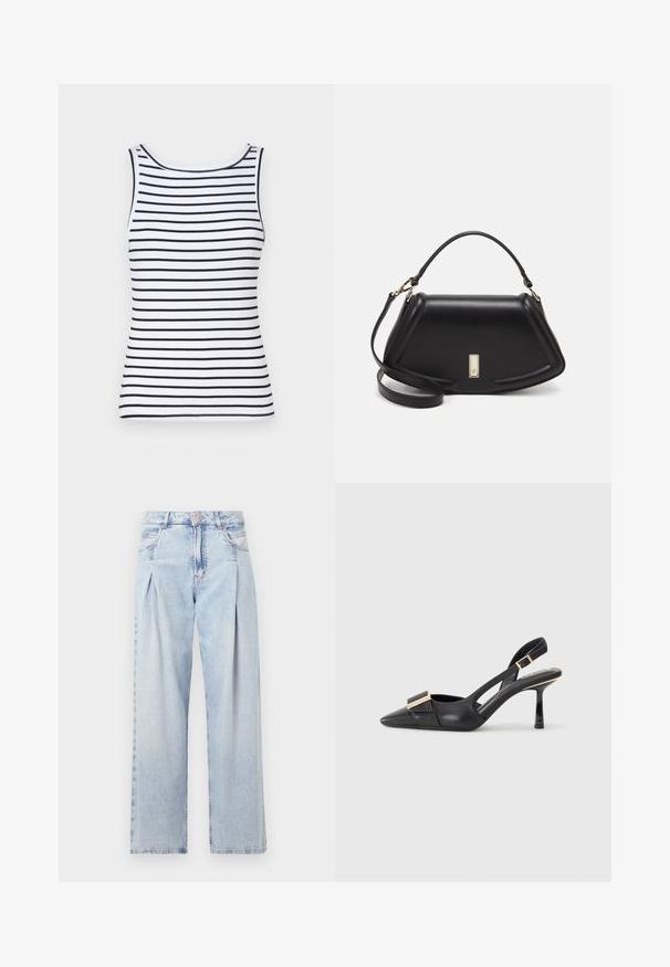 Witte tanktop met zwarte horizontale strepen, met een ronde halslijn, geribbelde textuur en aansluitende silhouet. Geen versieringen of accenten.; Lichtblauwe denim jeans met een hoge taille, wijde pijpen, twee zijzakken en geplooid ontwerp. Zachte textuur met een vervaagd uiterlijk.; Zwarte leren slingback schoen met een spitse neus, slanke hak en een gouden hardwareaccent op de wreef. Glad textuur en gestructureerd ontwerp.; Zwarte leren handtas met een gestructureerd ontwerp, featuring een verkorte vorm, bovenhandvat en gouden hardwareaccent. Inclusief verstelbare schouderband.
