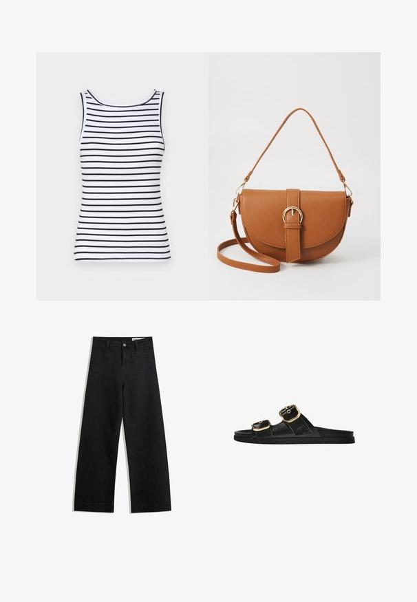 White tank top with black horizontal stripes, featuring a round neckline, ribbed texture, and fitted silhouette. No embellishments or accents.; Black wide-leg denim pants with a high waist, featuring front and back pockets, stitched seams, and a button closure. Smooth texture.; Black slide sandal with two gold buckle accents, smooth textured material, flat sole, and a minimalist design.; Brown leather crossbody bag with a curved shape, gold hardware, and a buckle accent. Features a detachable shoulder strap.