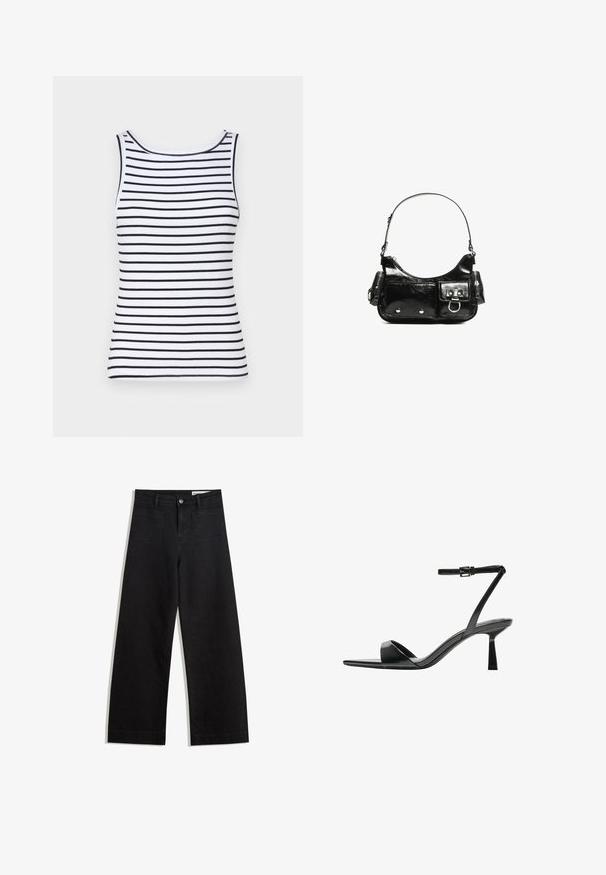 White tank top with black horizontal stripes, featuring a round neckline, ribbed texture, and fitted silhouette. No embellishments or accents.; Black wide-leg denim pants with a high waist, featuring front and back pockets, stitched seams, and a button closure. Smooth texture.; Bershka High heeled sandals - black; Black patent leather handbag with a curved shape, one shoulder strap, front pockets, and silver-tone hardware accents.